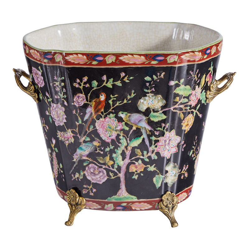 Кашпо из фарфора черная с цветочной росписью и бронзовой стрекозой Spring Garden Мульти Бронза Черный в Перми | Loft Concept 