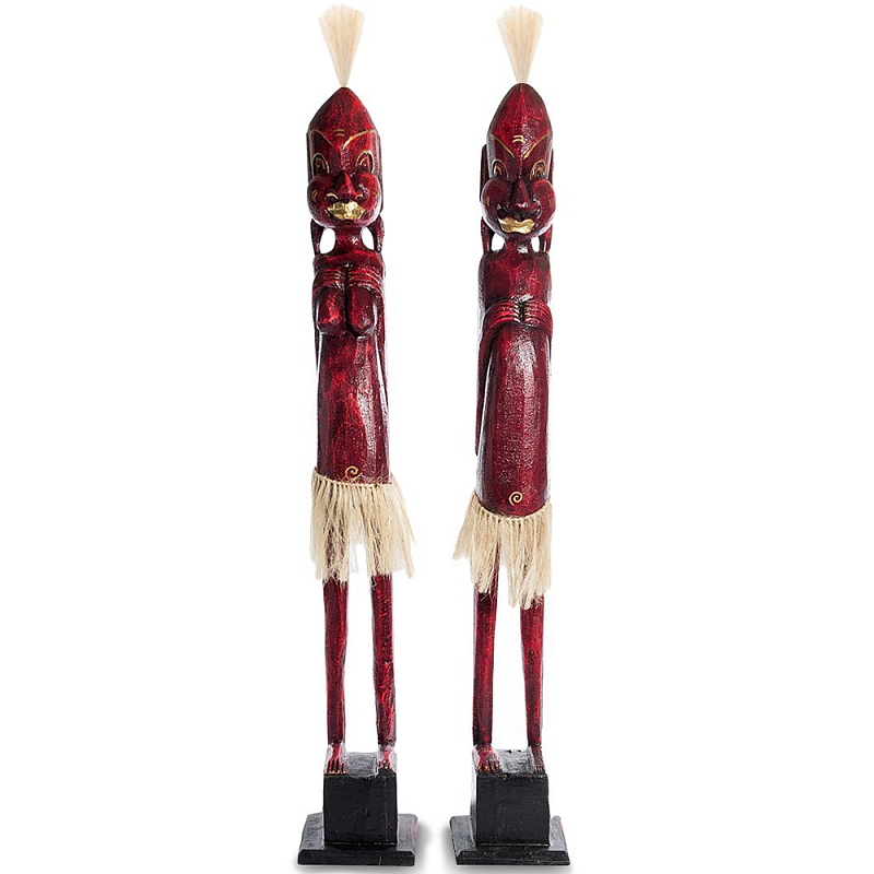 Комплект из 2-х деревянных статуэток Asmat Tall Statuettes Red Красный Бежевый в Перми | Loft Concept 