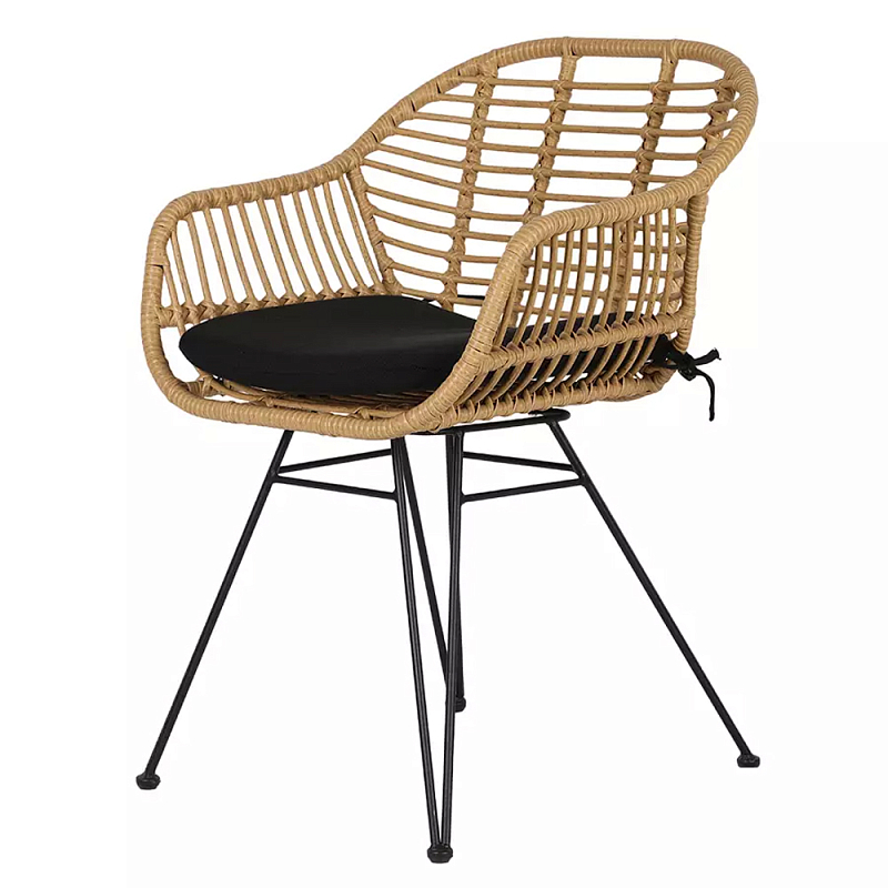 Стул с ротанговым плетением Wicker Half Chair с подлокотниками Черный Бежевый в Перми | Loft Concept 