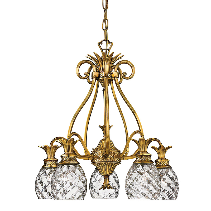 Люстра цвета латунь с 5-ю плафонами из рельефного стекла в форме ананаса Hinkley Латунь Прозрачное Стекло в Перми | Loft Concept 