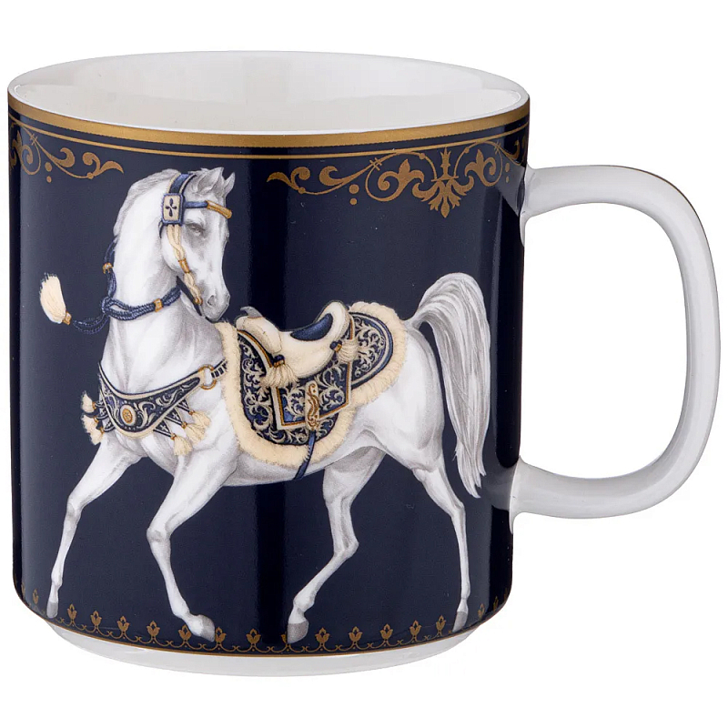 Кружка из фарфора синяя с изображением лошадей 400 мл Porcelain Horse Set Белый Синий Золотой в Перми | Loft Concept 