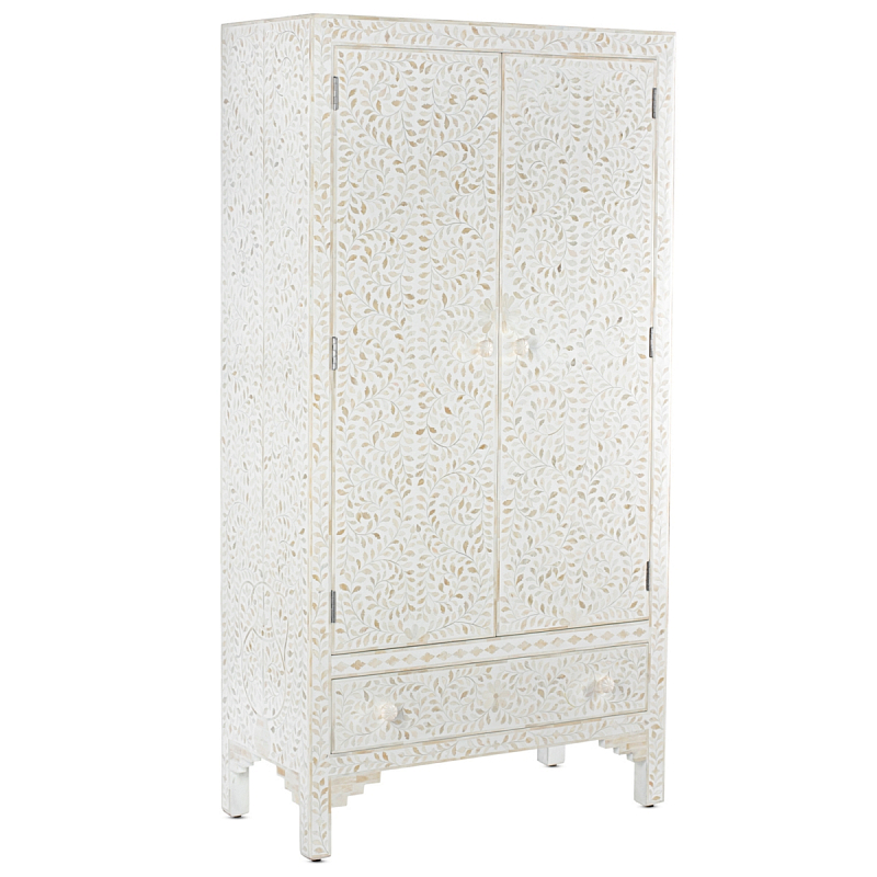 Шкаф белый узор отделка кость White Bone Inlay Almirah Cupboard 1 DRAWER ivory ( слоновая кость ) Белый в Перми | Loft Concept 