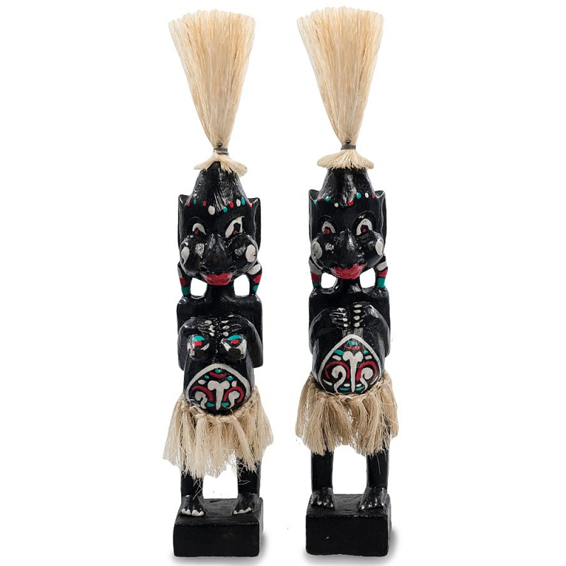 Комплект из 2-х деревянных статуэток Asmat Straw Headdress Statuettes Black Turquoise Черный Бежевый Белый Бирюзовый Мульти в Перми | Loft Concept 