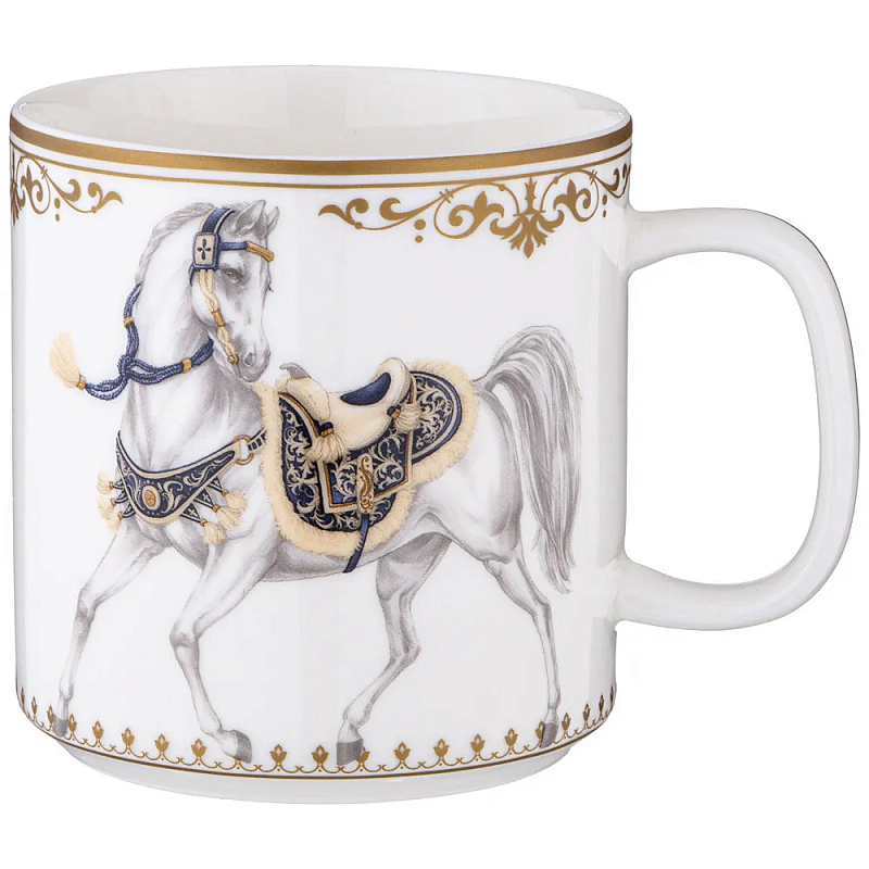 Кружка из фарфора белая с изображением лошади 400 мл Porcelain Horse Set Белый Синий Золотой в Перми | Loft Concept 