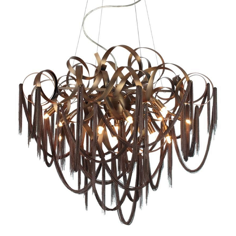 Люстра подвесная с объемной композицией из скрученных лент и металлических цепочек Atlantis Chain Черный Коричневый в Перми | Loft Concept 