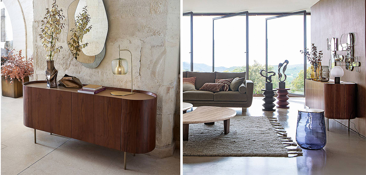 Комод округлой формы Walnut and Leather массив ореха и столешница из натуральной кожи Комод округлой формы Walnut and Leather массив ореха и столешница из натуральной кожи - Loft-Concept в Перми