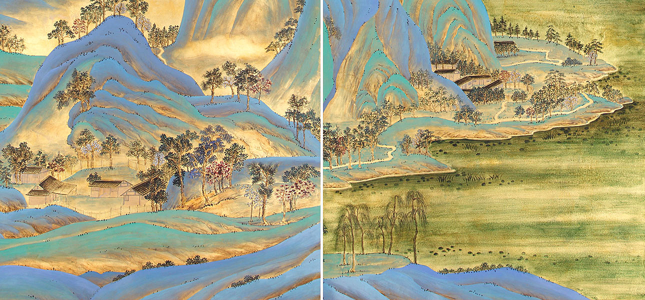 Обои ручная роспись A Thousand Li of Rivers and Mountains Original colourway on Deep Rich Gold gilded paper with gold pearlescent antiquing Обои ручная роспись A Thousand Li of Rivers and Mountains Original colourway on Deep Rich Gold gilded paper with gold pearlescent antiquing - Loft-Concept в Перми