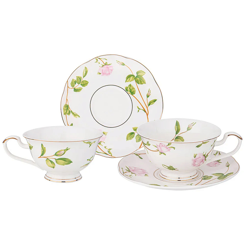 Чайный набор из фарфора белый с цветочным принтом на 2 персоны 4 предмета Flower Porcelain Collection Белый Мульти в Перми | Loft Concept 