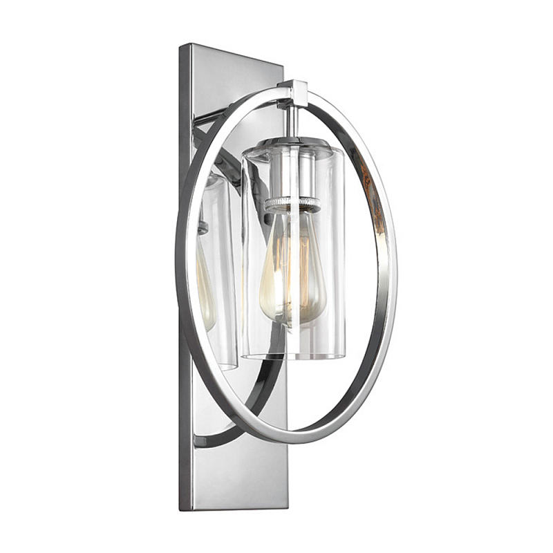Бра цвета хром с круглой рамой и цилиндрическим прозрачным стеклянным плафоном на прямоугольном основании Feiss Хром Прозрачное Стекло в Перми | Loft Concept 