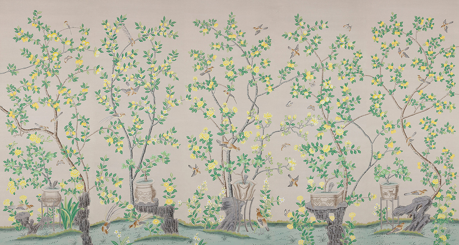 Обои ручная роспись Jardinieres & Citrus Trees Silver metallic Обои ручная роспись Jardinieres & Citrus Trees Silver metallic - Loft-Concept в Перми