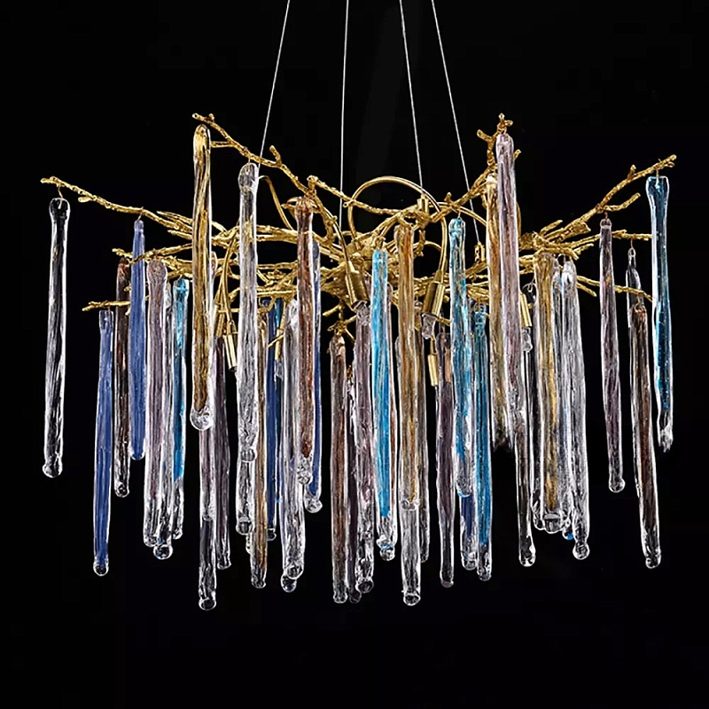 Люстра на подвесе с каркасом из металла и цветными подвесками из стекла Droplet Chandelier Золотой Прозрачный Голубой Янтарный Люстра на подвесе с каркасом из металла и цветными подвесками из стекла Droplet Chandelier Золотой Прозрачный Голубой Янтарный в Перми | Loft Concept