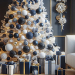 Украшенная Белая Новогодняя Елка с сине-белыми шарами и и муляжами подарков в комплекте варинант исполнения - 2 | Loft Concept в Перми