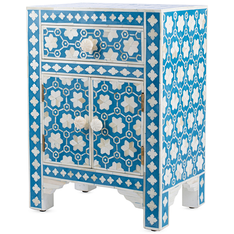 Тумба отделка кость BONE Inlay Bedside Cabinet 1 DRAWER Голубой ivory ( слоновая кость ) в Перми | Loft Concept 