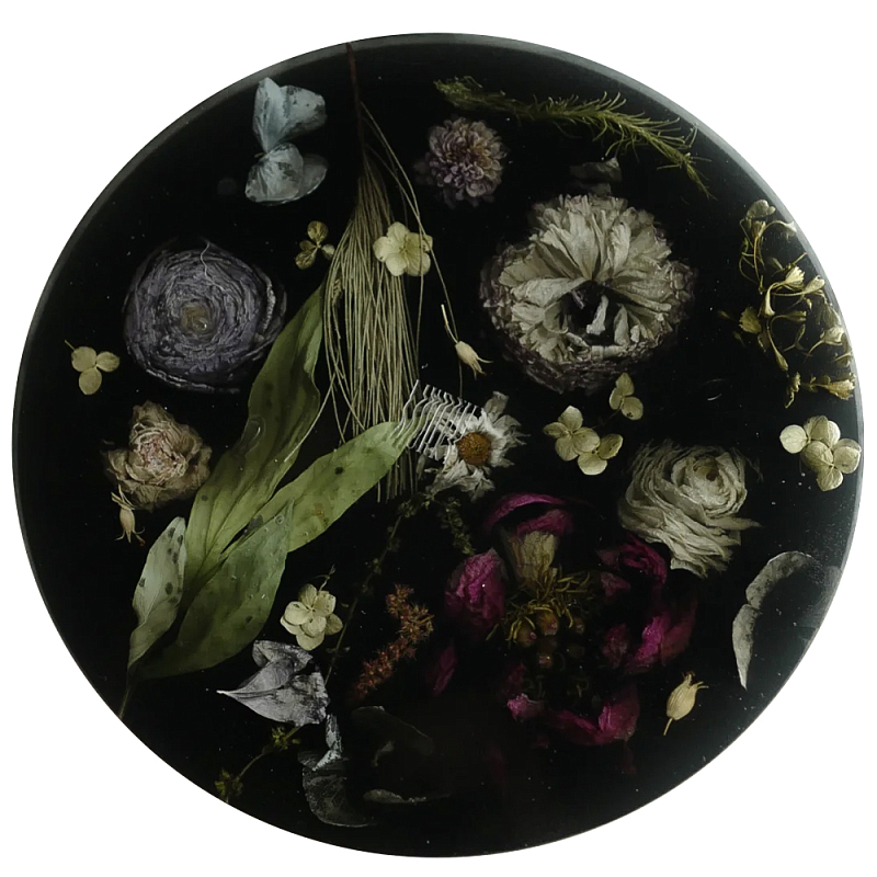 Круглый поднос из эпоксидной смолы с цветами черный Epoxy Resin Flowers Tray Black Черный Мульти в Перми | Loft Concept 