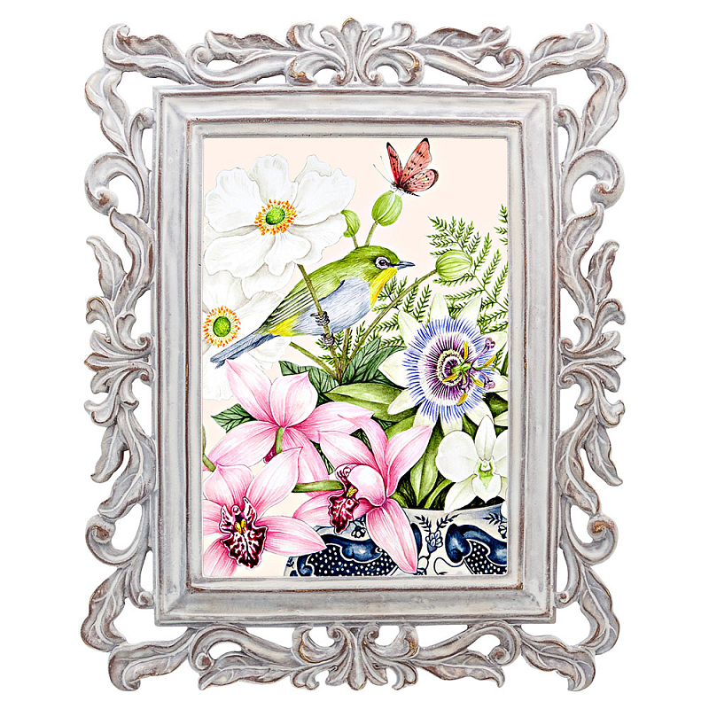 Постер Bird on Exotic Flowers Poster Мульти Белый винтажная патина Постер Bird on Exotic Flowers Poster Мульти Белый винтажная патина в Перми | Loft Concept