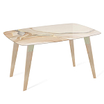 Обеденный стол с прямоугольной бежевой столешницей из стекла на 4-х деревянных ножках Beige Marble варинант исполнения - 1 | Loft Concept в Перми