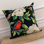 Декоративная подушка чёрная с изображением птиц и цветов Blooming Reds Birds варинант исполнения - 2 | Loft Concept в Перми