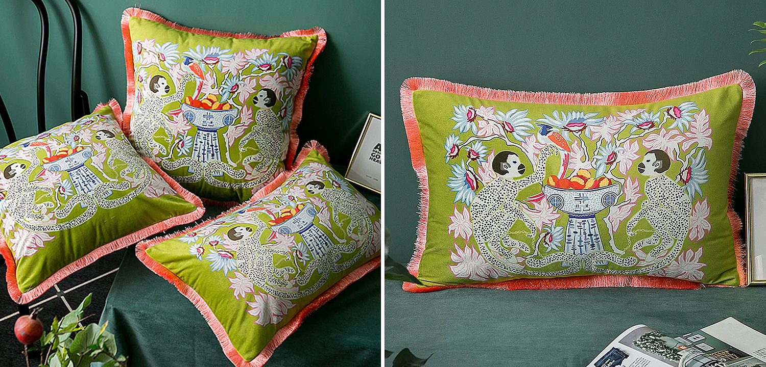 Декоративная подушка Two Monkeys on Green Long Cushion Декоративная подушка Two Monkeys on Green Long Cushion - Loft-Concept в Перми