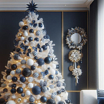 Украшенная Белая Новогодняя Елка с сине-белыми шарами и и муляжами подарков в комплекте варинант исполнения - 1 | Loft Concept в Перми