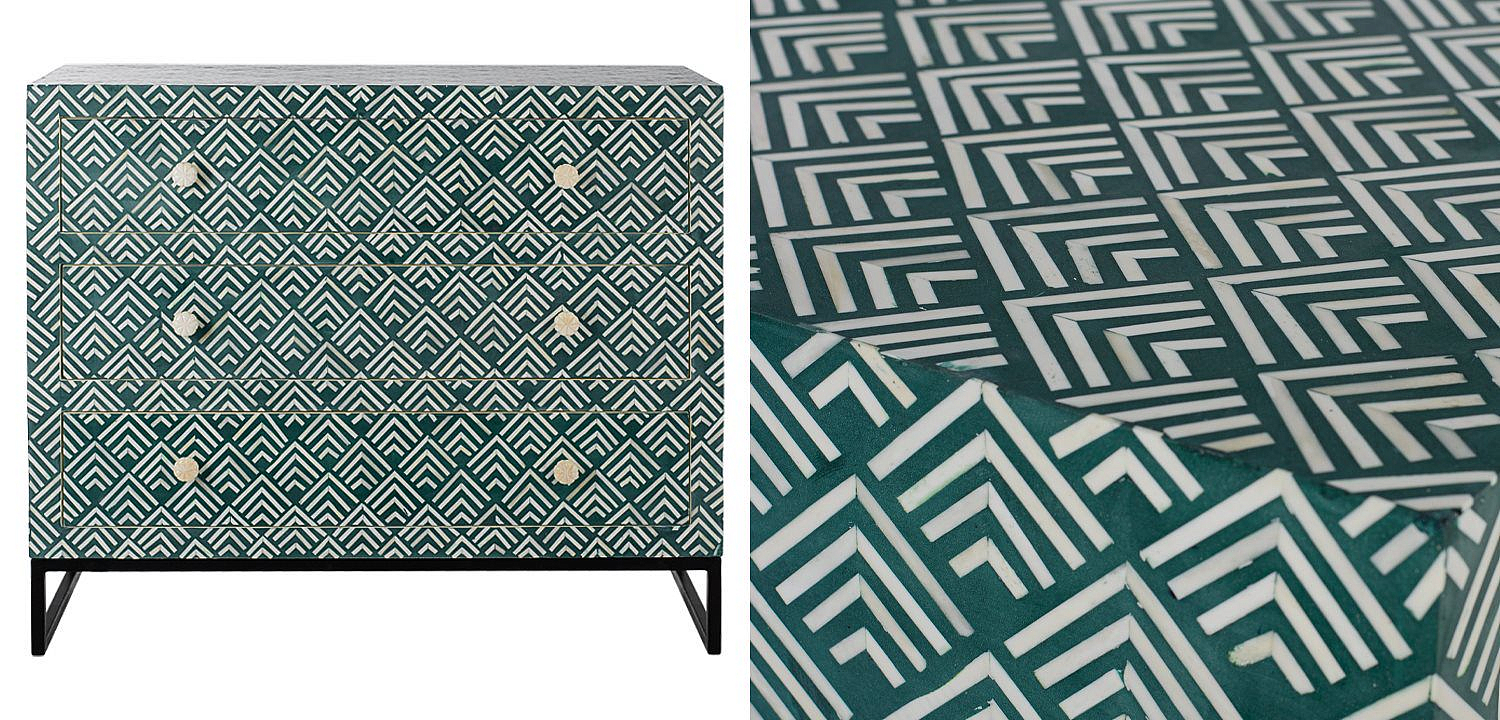 Комод инкрустация костью Green Indian Bone Inlay 3 drawer Зеленый Комод инкрустация костью Green Indian Bone Inlay 3 drawer Зеленый - Loft-Concept в Перми