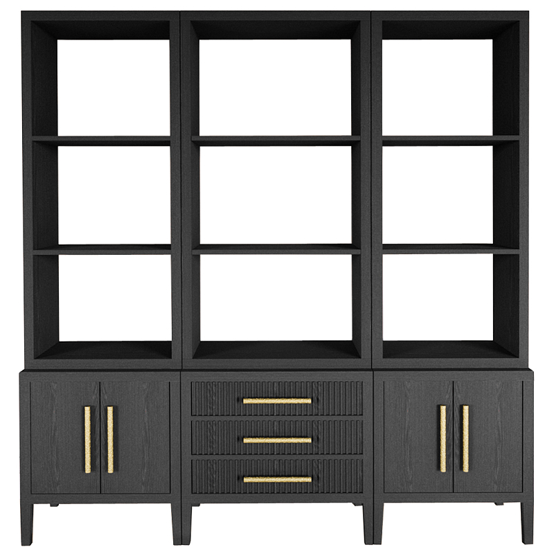 Модульный стеллаж Primo из трех составных элементов Черный дуб Черный Золотой в Перми | Loft Concept 