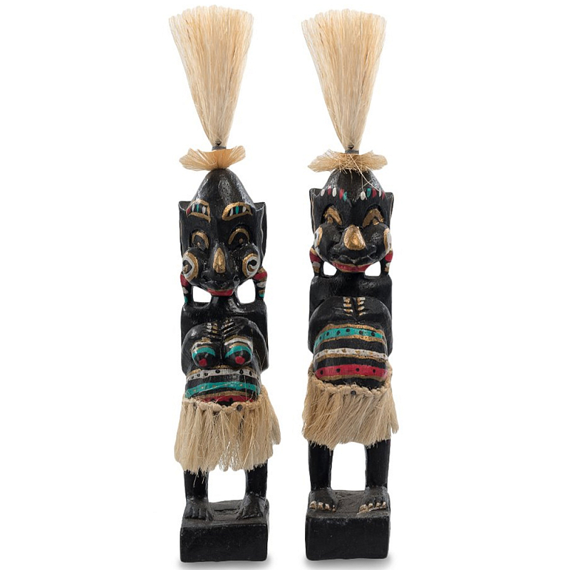 Комплект из 2-х деревянных статуэток Asmat Straw Headdress Statuettes Black Colorful Tattoo Черный Бежевый Мульти Бирюзовый Красный в Перми | Loft Concept 