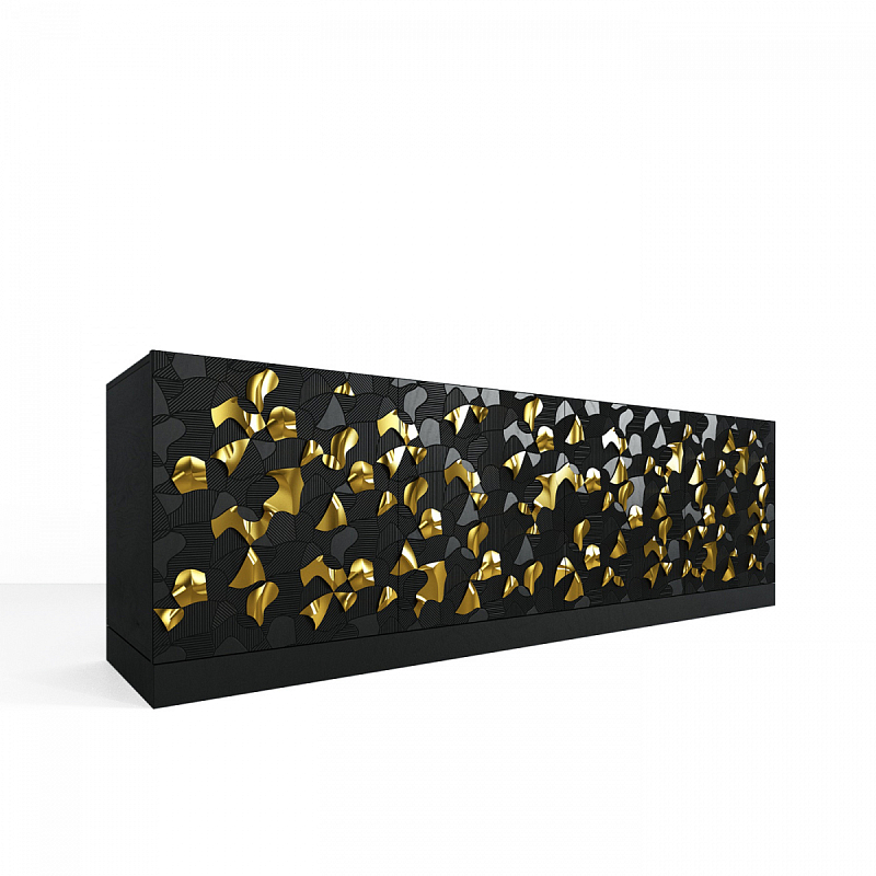 Комод большой инкрустированный золотым орнаментом Wooden Petals Gold Черный Белый Комод большой инкрустированный золотым орнаментом Wooden Petals Gold Черный Белый в Перми | Loft Concept