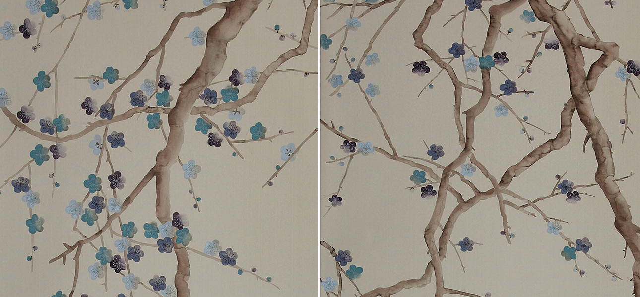 Обои ручная роспись Plum Blossom Colourway SC-81 on Pale Grey dyed silk Обои ручная роспись Plum Blossom Colourway SC-81 on Pale Grey dyed silk - Loft-Concept в Перми