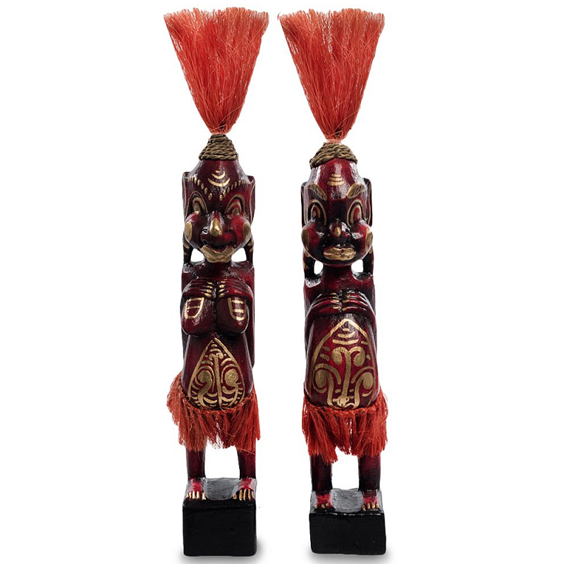 Комплект из 2-х деревянных статуэток Asmat Red Straw Headdress Statuettes Red Gold Красный Золотой в Перми | Loft Concept 