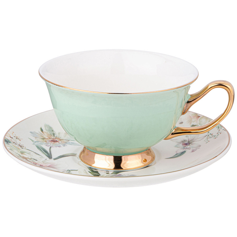 Чайная пара из фарфора 200 мл Green Tea Porcelain Set Белый Золотой Зеленый в Перми | Loft Concept 